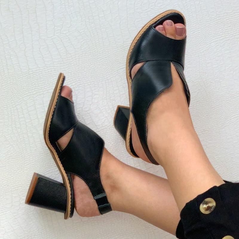 Dames leren sandalen met hak en comfortabel voetbed - Selina