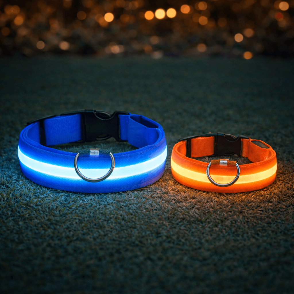 Twee oplichtende halsbanden in blauw en oranje, een grote en een kleinere, naast elkaar op gras in het donker. 6