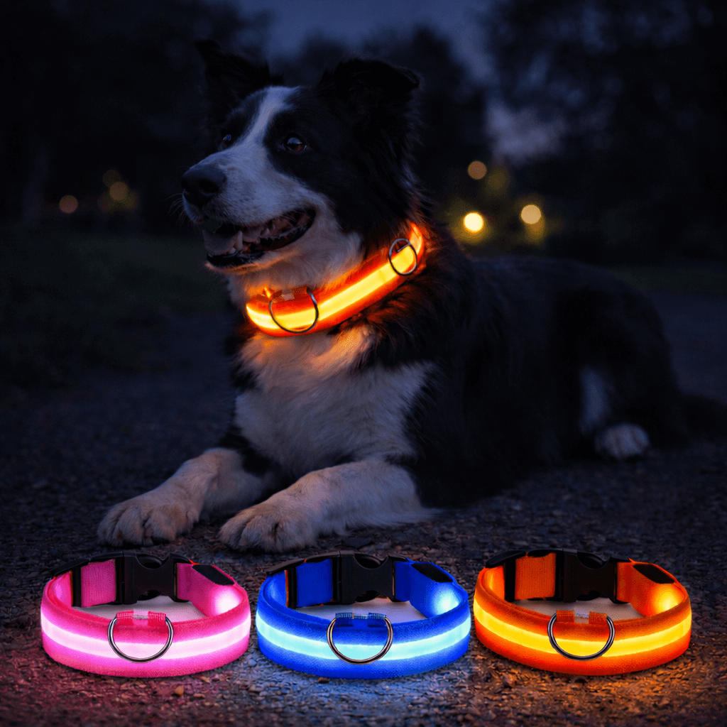 Border collie ligt in het donker met een oranje oplichtende halsband; vooraan staan drie lichtgevende halsbanden in roze, blauw en oranje. 3