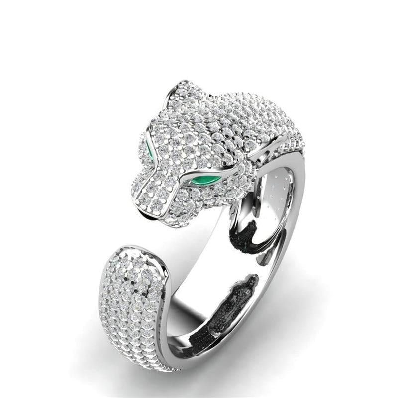 Verstelbare Ring in 18K Zilver en Roségoud met Groene Zirkonia-Ogen - Panther Ring
