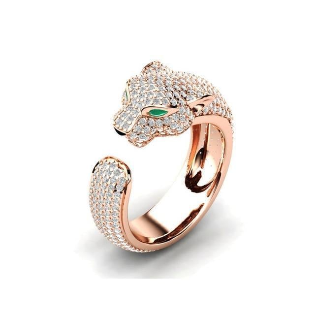 Verstelbare Ring in 18K Zilver en Roségoud met Groene Zirkonia-Ogen - Panther Ring