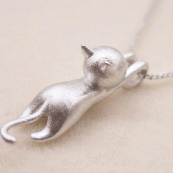 Silver Playful Cat Necklace - Miyu