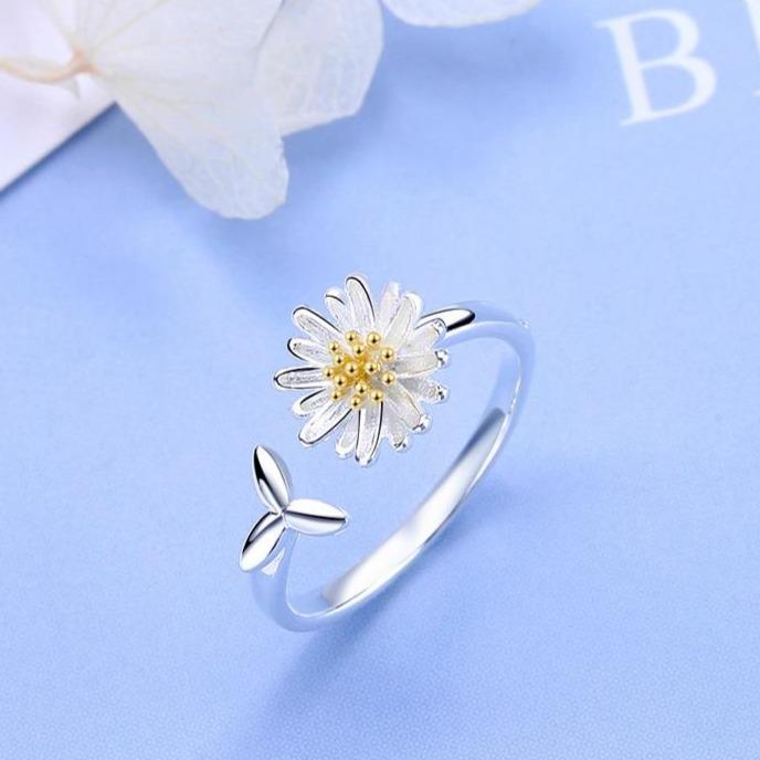 Adjustable Silver Sunflower Ring - Helios