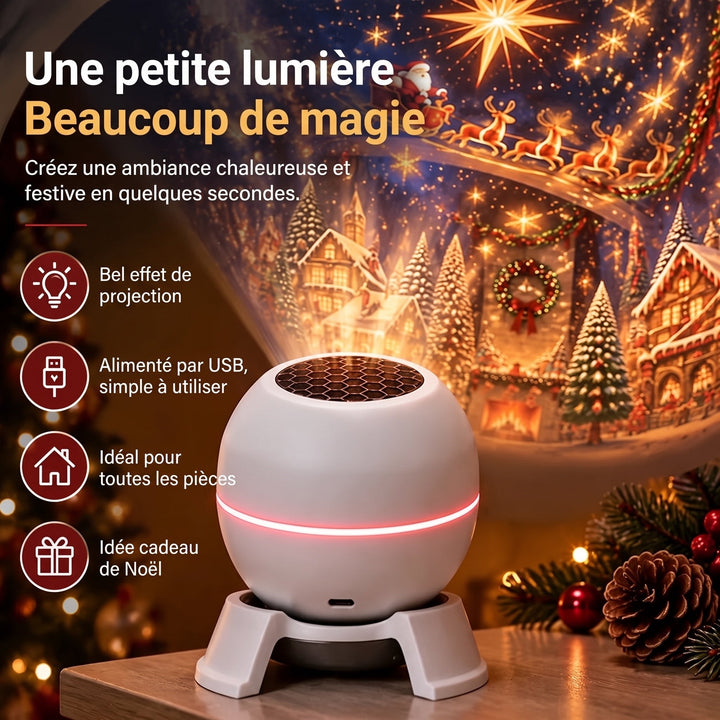 Witte ronde projector met standaard en rood lichtbandje op een tafel tussen dennenappel en kerstversiering, met op de achtergrond de kerstprojectie. 2