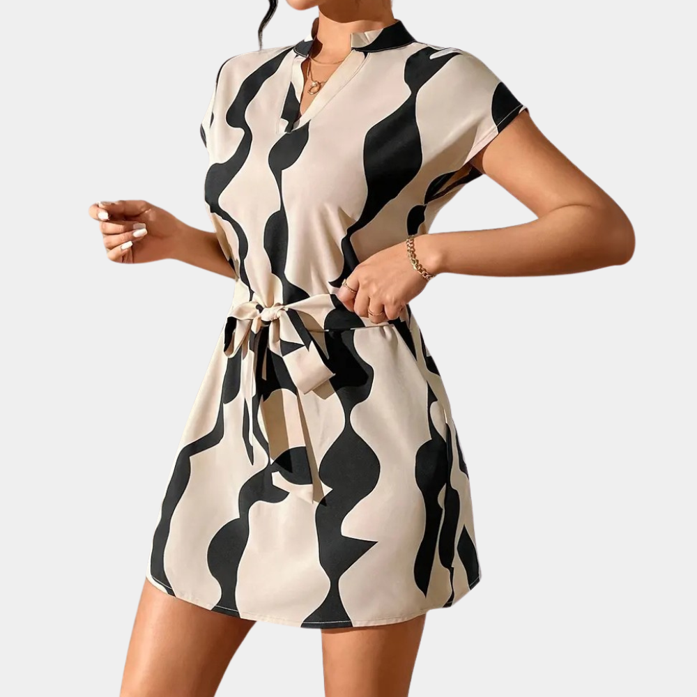 Trendy Beige Dress with Belt - Elena