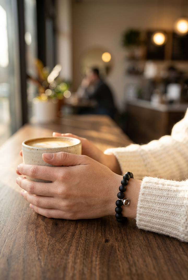 Zwarte kralenarmband om de pols van een vrouw die in een café een kopje vasthoudt 1