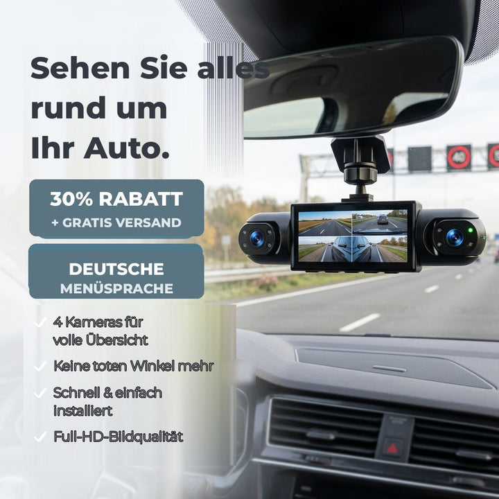 Dashcam met twee zijcamera's en een scherm met vier beelden, bevestigd onder de binnenspiegel met zicht op een snelweg. 1