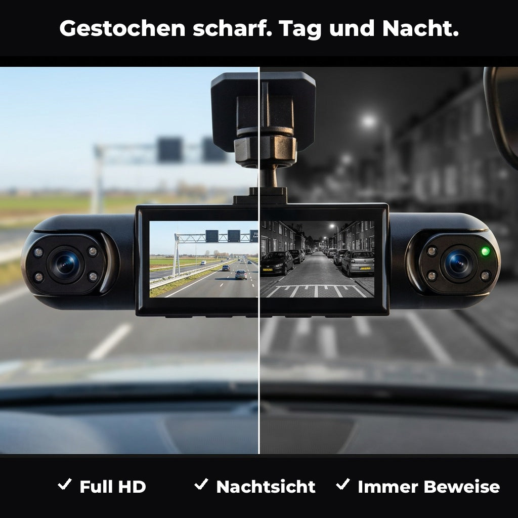Vergelijking van de dashcam overdag en bij nacht, links helder daglicht en rechts zwart-wit nachtbeeld van een straat met geparkeerde auto's. 3