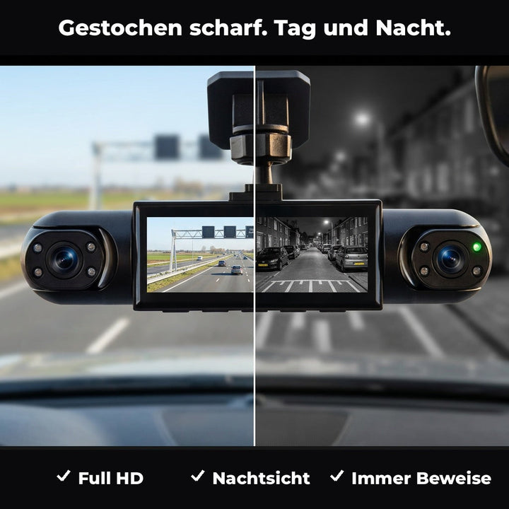 Vergelijking van de dashcam overdag en bij nacht, links helder daglicht en rechts zwart-wit nachtbeeld van een straat met geparkeerde auto's. 3