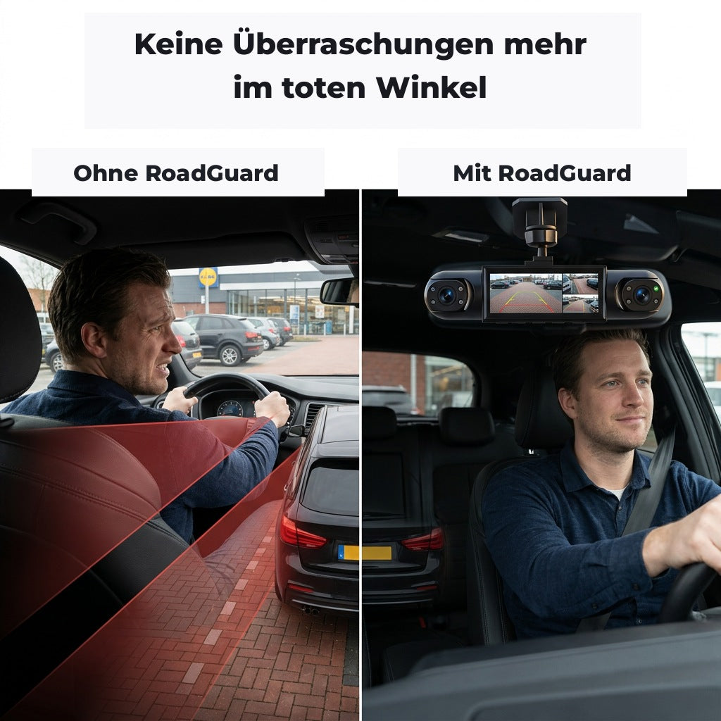 Twee beelden naast elkaar: links een bestuurder die moeilijk over zijn schouder kijkt, rechts dezelfde man ontspannen met de dashcam boven zich. 4