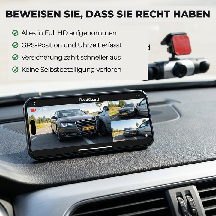 Smartphone op het dashboard toont de app met beelden van een aanrijding tussen twee auto's, met de camera aan de voorruit op de achtergrond. 5