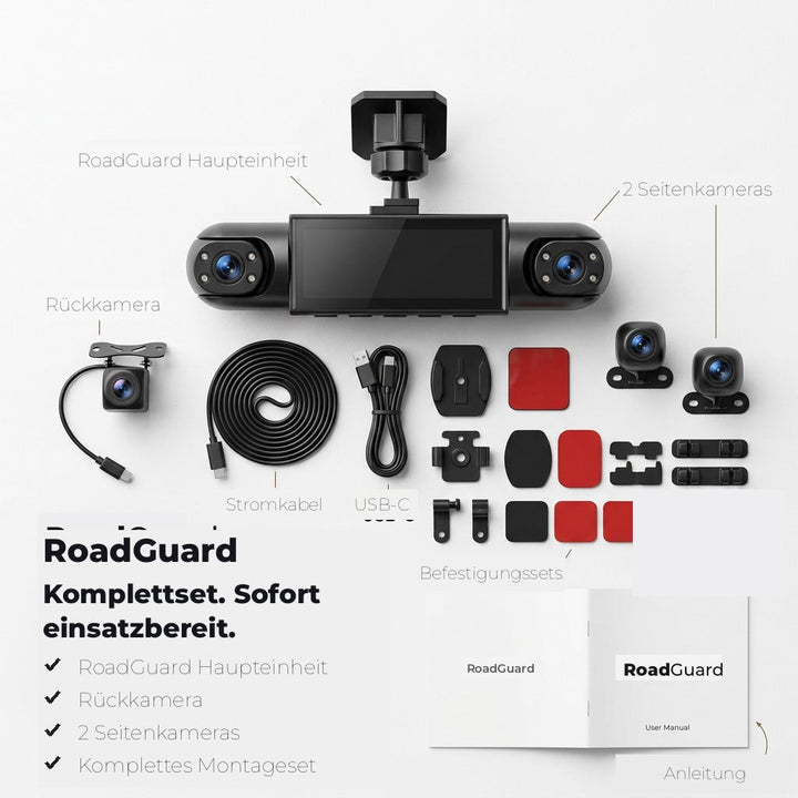 Flatlay van de complete set: hoofdunit met scherm, achtercamera, twee zijcamera's, kabels, bevestigingsmateriaal en een handleiding. 6