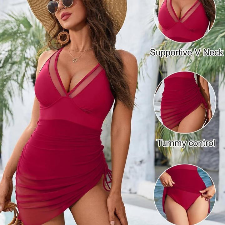 Shaping swimsuit dress with mesh insert and wrap look - Melina
