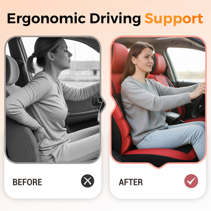Voor-en-nadeel: vrouw met rugpijn op een gewone stoel naast dezelfde vrouw die ontspannen rijdt op een rode ergonomische stoelhoes. 9