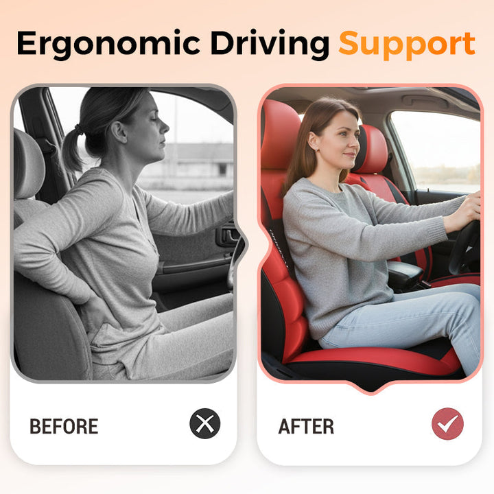 Voor-en-nadeel: vrouw met rugpijn op een gewone stoel naast dezelfde vrouw die ontspannen rijdt op een rode ergonomische stoelhoes. 9