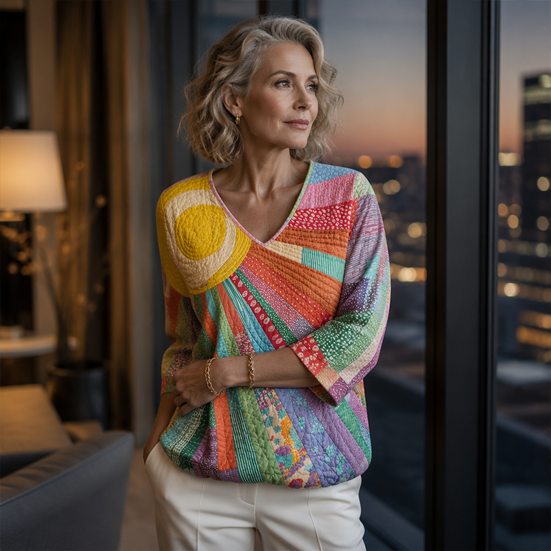 Women's Retro Patchwork Blouse with V-Neck 7