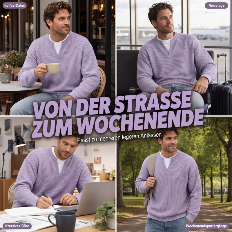Collage van vier momenten waarop dezelfde man de lila top draagt: koffie, reizen, werken aan een laptop en wandelen. 7