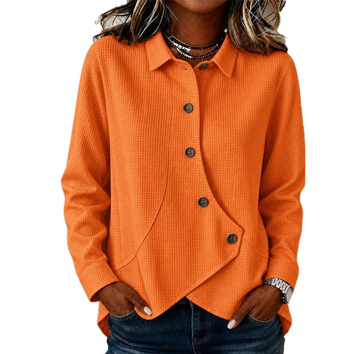Women's Buttoned Knit Top with Waffle Texture and Asymmetric Hem 4