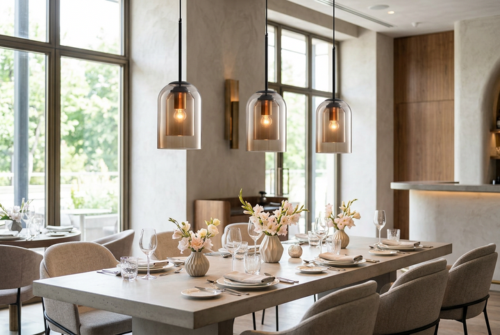 Drie hanglampen met amberkleurig dubbel glas boven een lange eettafel in een lichte, moderne eetruimte 1