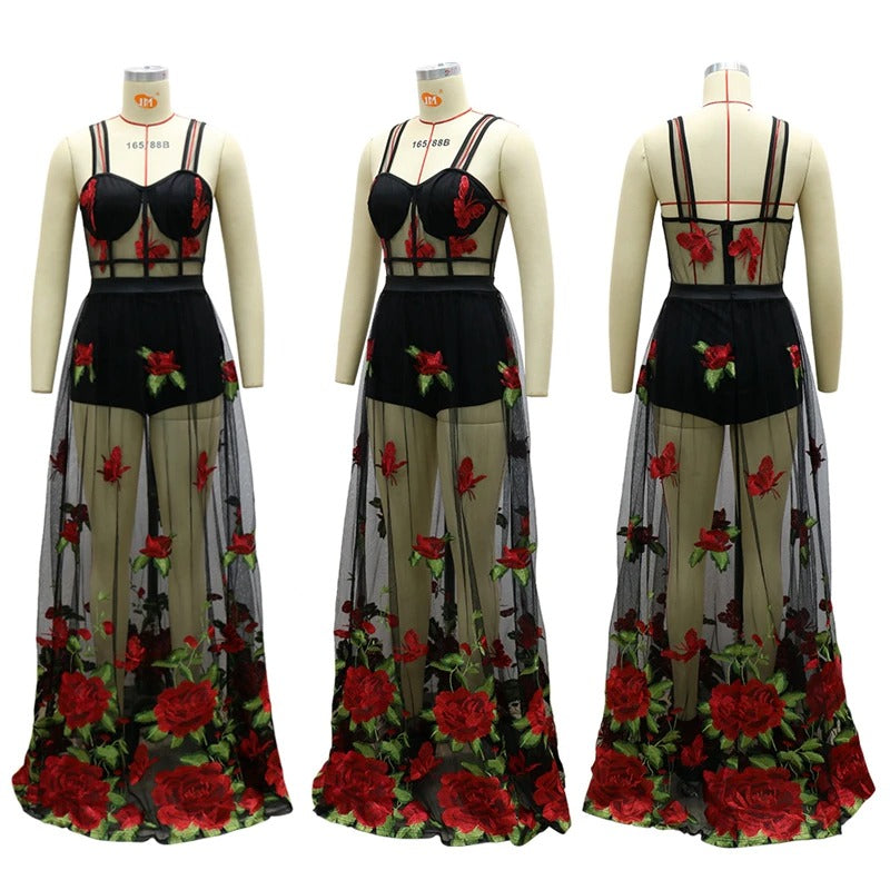 Maxi Jurk met Bloemenborduursel en Spaghettibandjes – Rosalie