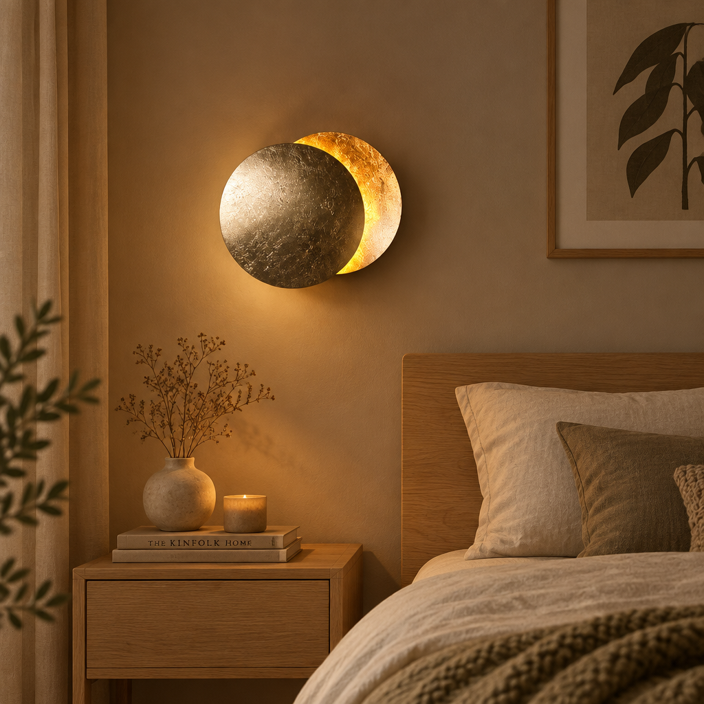 Wandlamp met twee overlappende schijven boven een houten nachtkastje naast een bed in een warm verlichte slaapkamer 1