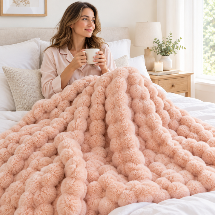 Vrouw in pyjama houdt een mok vast, in bed onder een roze pluizige deken met bolletjes 1