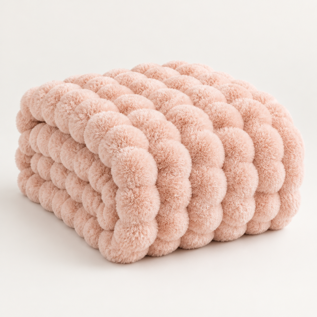Opgevouwen roze pluchen deken met grote bolletjes tegen een lichte achtergrond 15