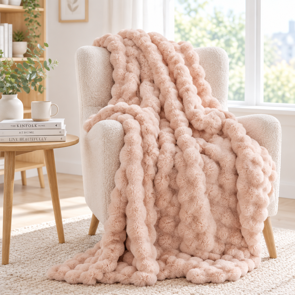 Roze bolletjesdeken hangt over een witte bouclé fauteuil bij het raam 15