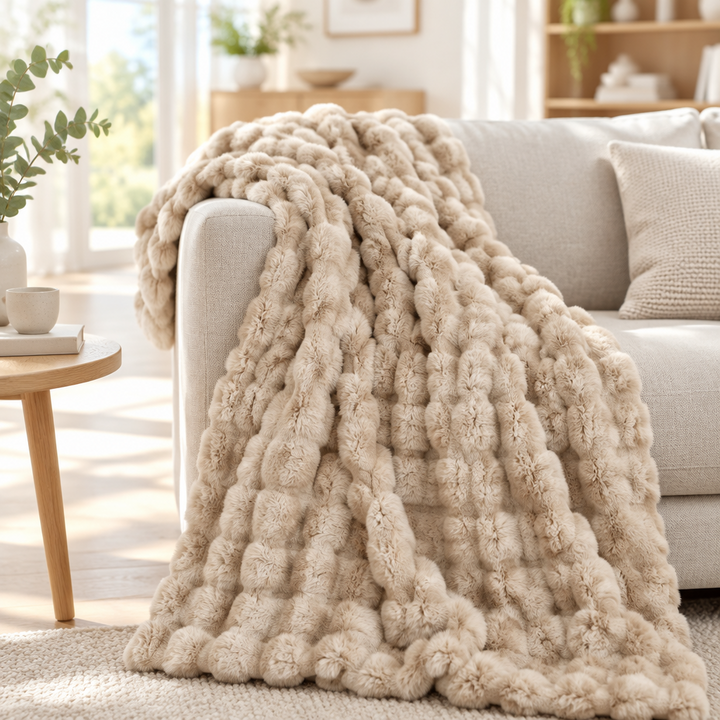 Beige pluche deken met bobbelstructuur over de armleuning van een lichte bank 12