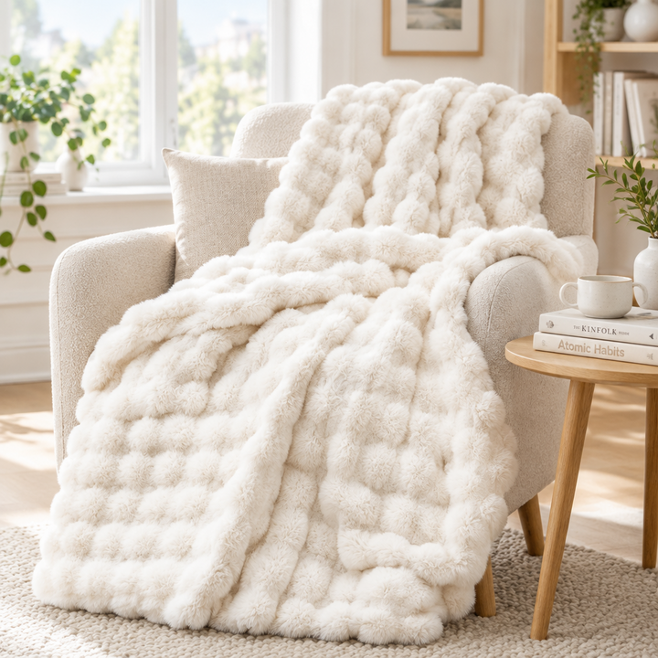 Crèmewitte pluche bolletjesdeken over een fauteuil, naast een houten tafeltje met boeken en mok 16