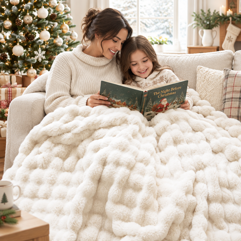 Moeder en dochter lezen samen een kerstboek op de bank onder een crèmewitte pluizige deken 1