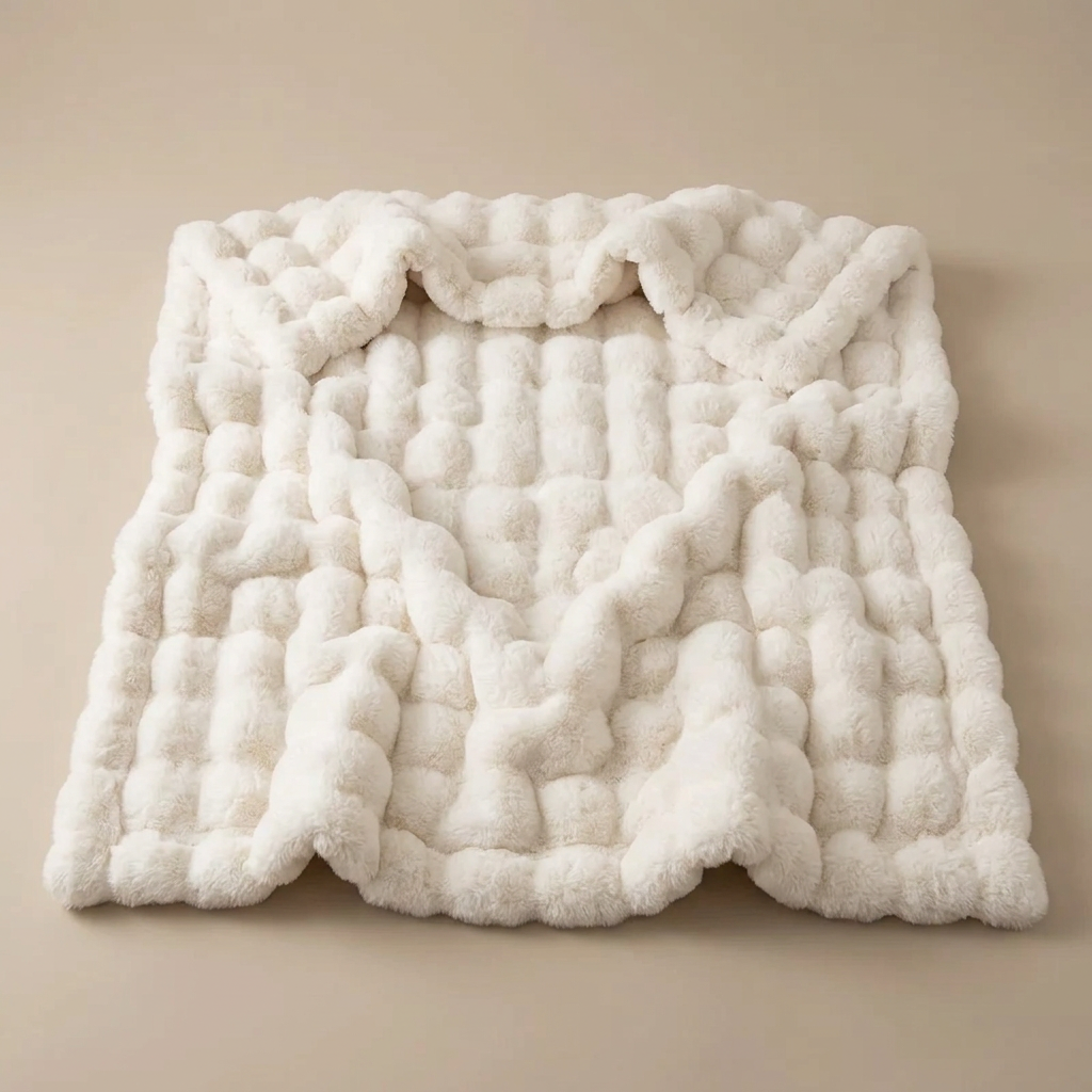 Crèmewitte pluche deken uitgespreid op een beige ondergrond, met de bobbelstructuur goed zichtbaar 16
