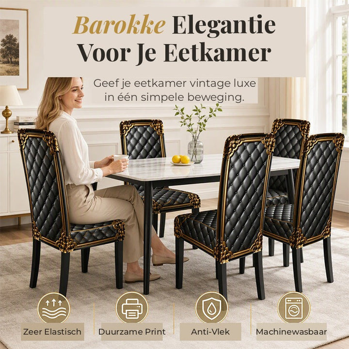 Vrouw aan een marmeren eettafel met vijf stoelen in zwarte gecapitonneerde hoezen met gouden sierranden, met een rij kenmerken eronder. 1