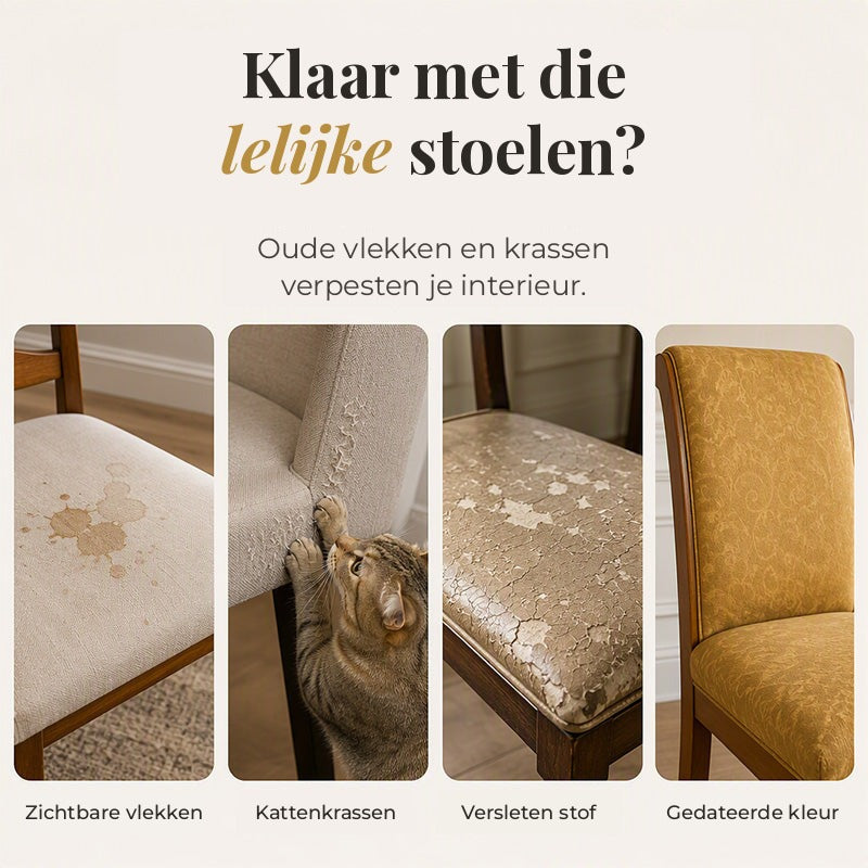 Vier voorbeelden van slechte stoelen: een vlek op de zitting, kattenkrassen, versleten stof en een verkleurde gele bekleding. 2