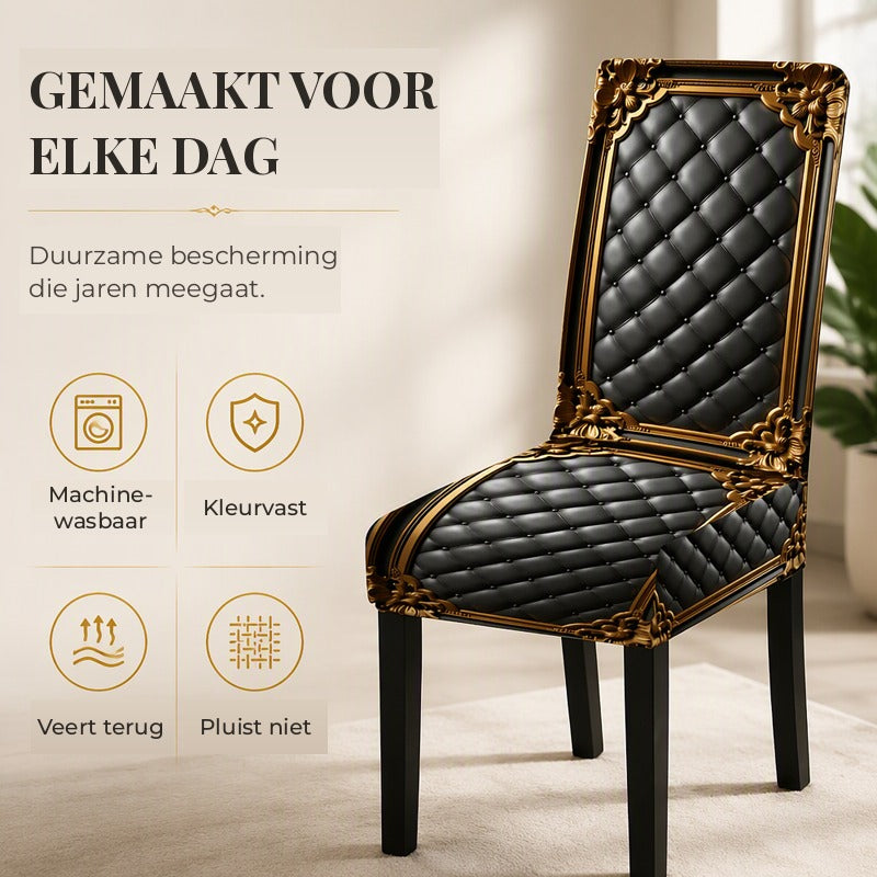 Eén stoel met zwarte hoes met ruitpatroon en gouden rand in een lichte kamer, met pictogrammen over wassen en elasticiteit. 4