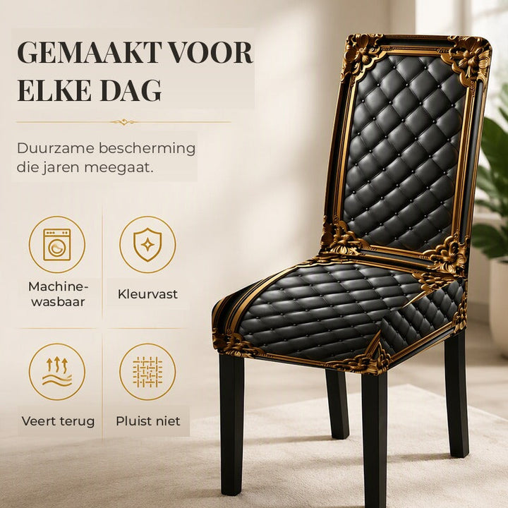 Eén stoel met zwarte hoes met ruitpatroon en gouden rand in een lichte kamer, met pictogrammen over wassen en elasticiteit. 4