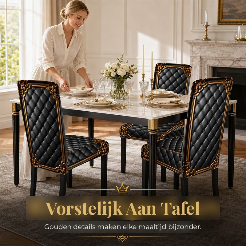 Gedekte tafel met marmeren blad en kaarsen, waaraan stoelen met zwarte gouden hoezen staan terwijl een vrouw borden neerzet. 5
