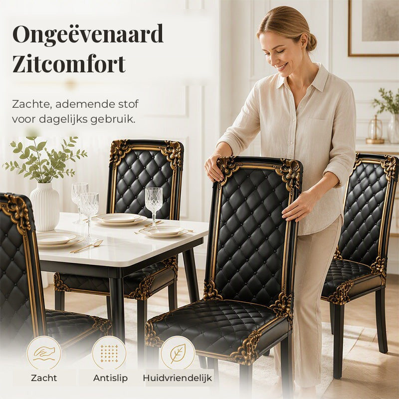 Vrouw leunt op een stoel met zwarte hoes met gouden details naast een gedekte tafel, met pictogrammen over comfort. 6
