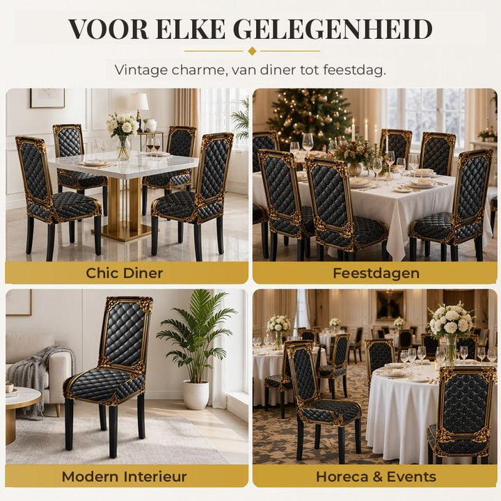 Vier opstellingen met de zwarte gouden stoelhoezen: chic diner, feestdagen met kerstboom, modern interieur en een evenementzaal. 7