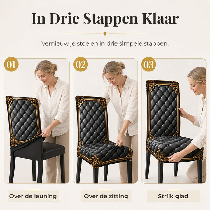 Drie stappen om de hoes aan te brengen: over de leuning trekken, over de zitting spannen en gladstrijken, getoond door een vrouw. 8