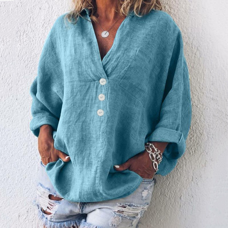 Luchtige Dames Linnen Blouse met Knoopjes en V-hals – Elodie