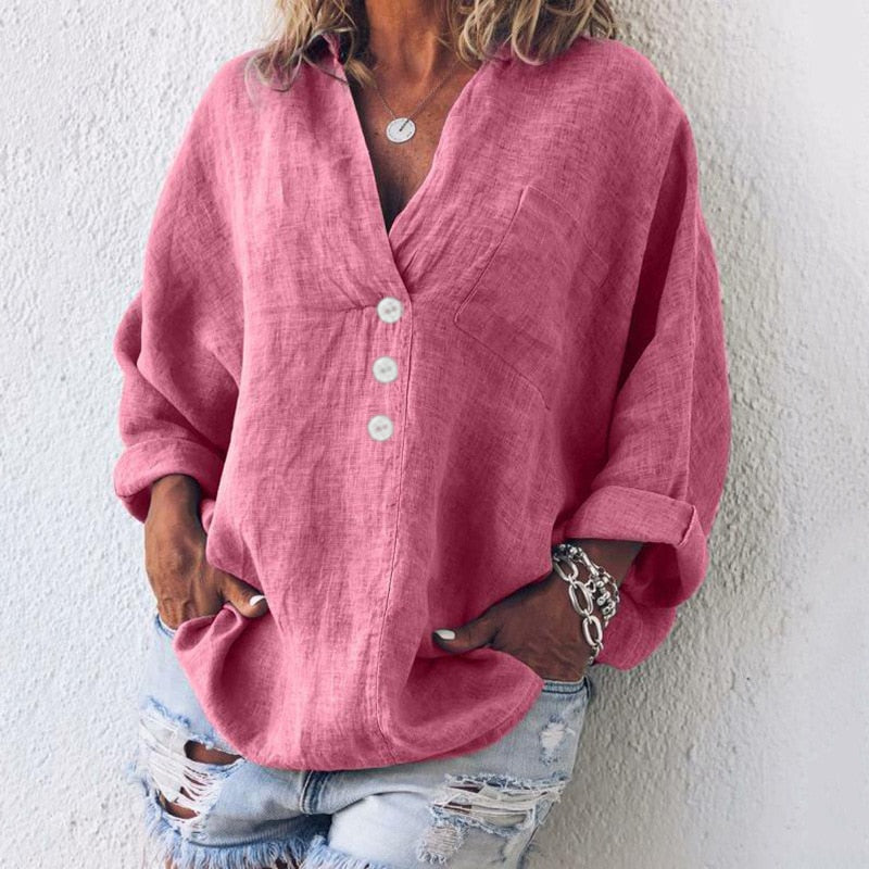 Luchtige Dames Linnen Blouse met Knoopjes en V-hals – Elodie