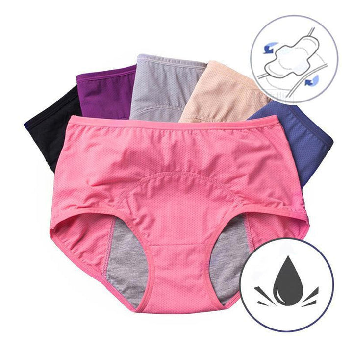 Roze slip met gaasdetail op de voorgrond, daarachter vier andere kleuren, met een pictogram van een waterdruppel. 2