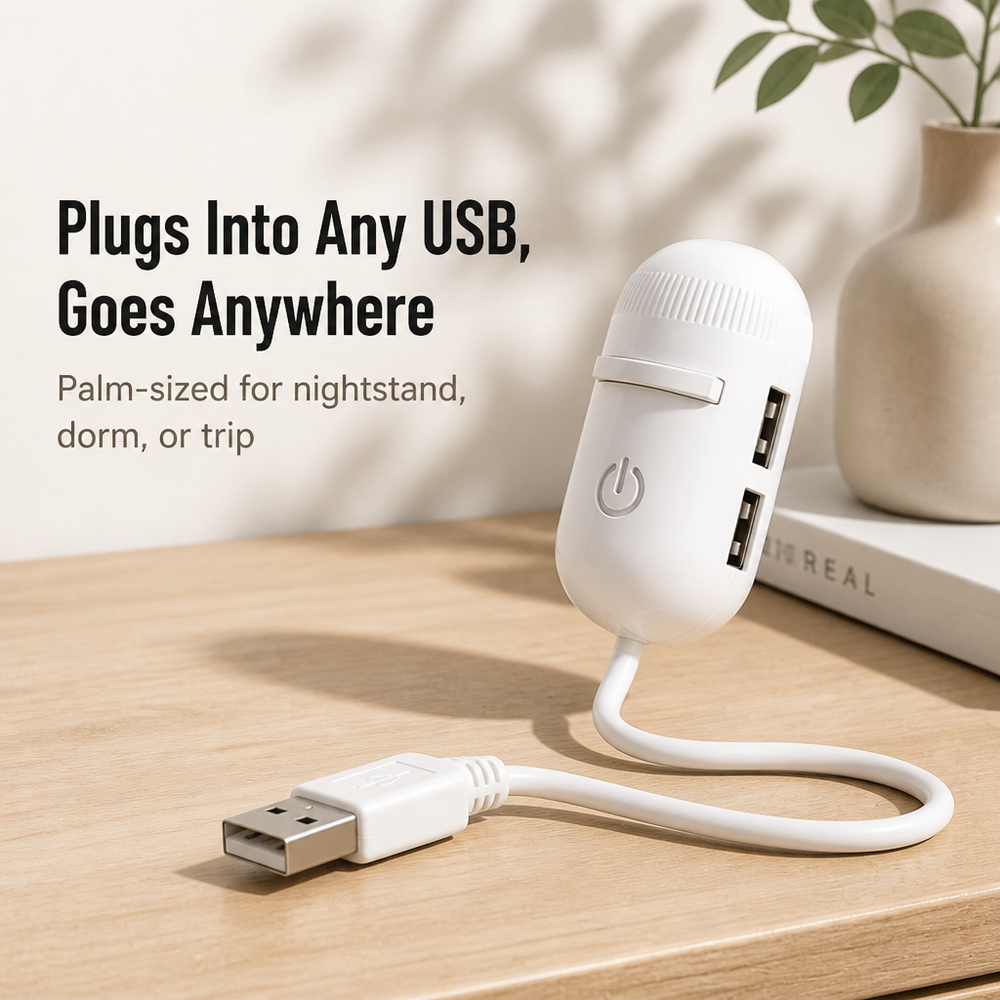 Compacte witte projector met twee USB-poorten aan de zijkant en opgerolde USB-kabel op een lichte houten tafel naast een vaas en een boek. 2