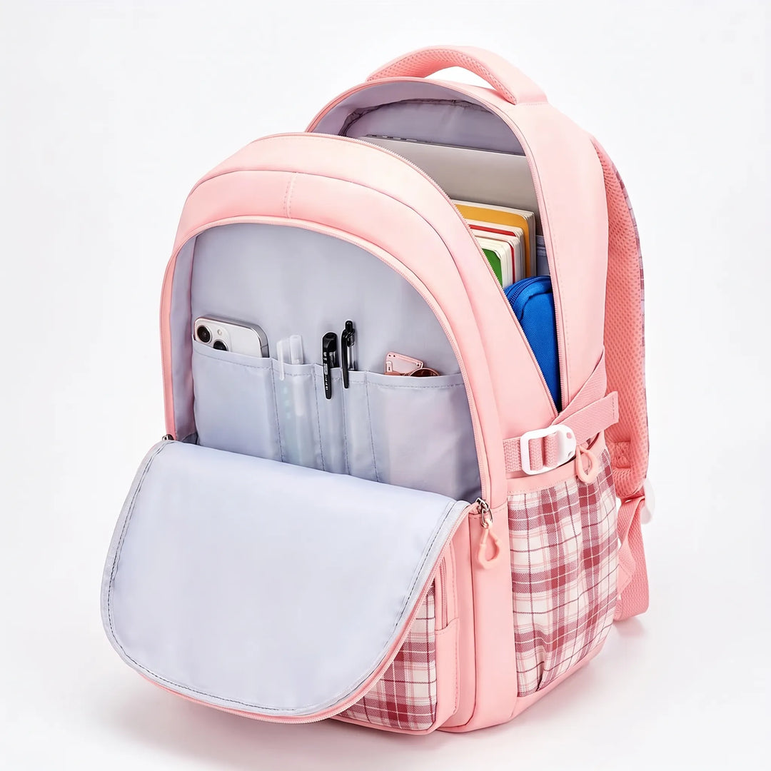 Structured School Backpack with Plaid Accents - Comfort and Style 3