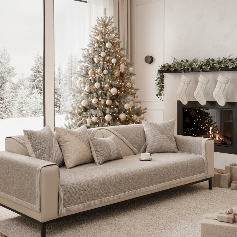 Beige bankhoes met kussens op een bank in een kerstsfeer, naast een versierde kerstboom en open haard met sokken. 2