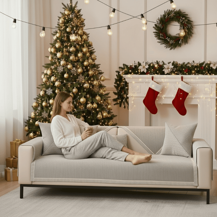 Vrouw in lichte kleding zit ontspannen op een bank met lichtgrijze hoes, voor een kerstboom met gouden ballen. 3