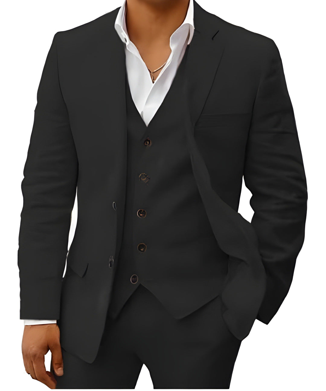 Model in het pak in zwart, wit overhemd contrasteert met het gilet met bruine knopen. 11