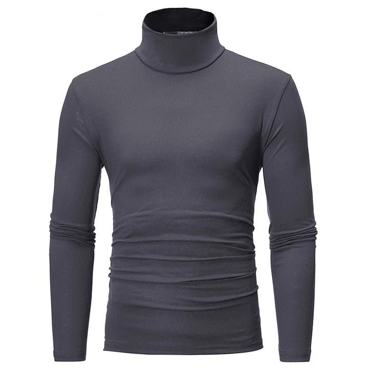 Donkergrijs shirt met lange mouwen en hoge opstaande hals, vooraanzicht op witte achtergrond 3