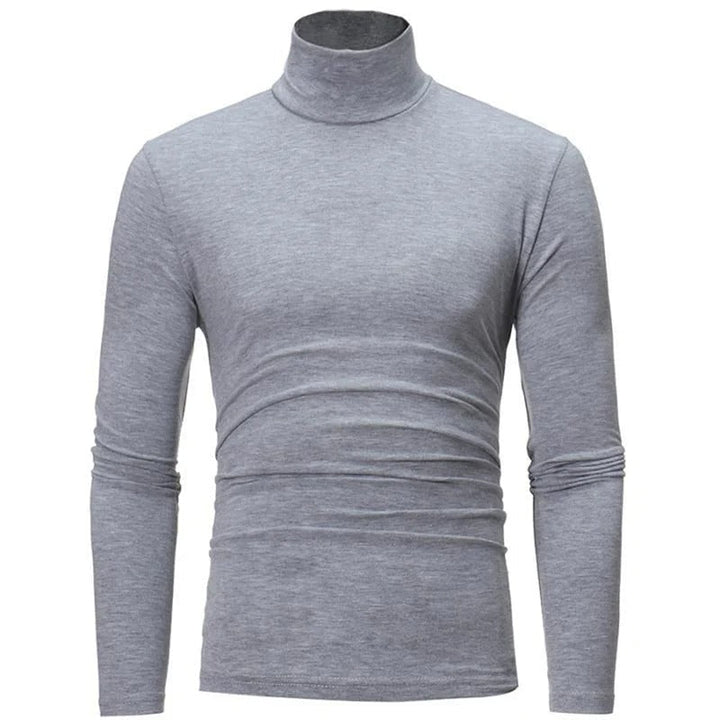 Gemêleerd lichtgrijs shirt met lange mouwen en hoge hals, vooraanzicht op witte achtergrond 4